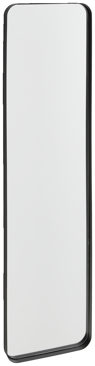 Rechteckiger Spiegel mit schwarzem Rahmen, ca. 31x120 cm, aus seitlicher Perspektive fotografiert