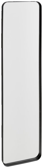 Rechteckiger Spiegel mit schwarzem Rahmen, ca. 31x120 cm, aus seitlicher Perspektive fotografiert
