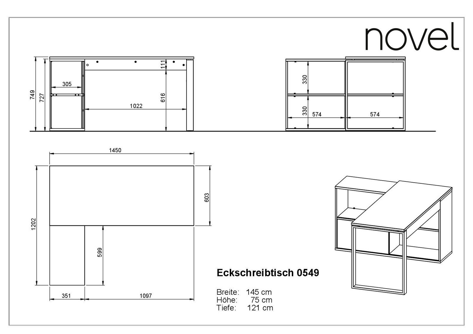 Technische Zeichnung eines Eckschreibtisches mit den Maßen: Breite 145 cm, Höhe 75 cm, Tiefe 121 cm. Perspektive von oben und seitlich.
