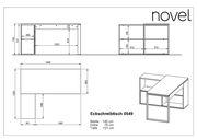 Technische Zeichnung eines Eckschreibtisches mit den Maßen: Breite 145 cm, Höhe 75 cm, Tiefe 121 cm. Perspektive von oben und seitlich.