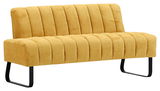 Gelbe 2,5er-Sitzbank mit vertikaler Steppung und schwarzen Metallbeinen, seitliche Perspektive