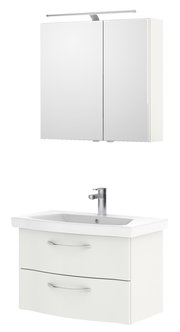 Moderner Badblock mit Spiegelschrank und Waschbecken, Frontalansicht