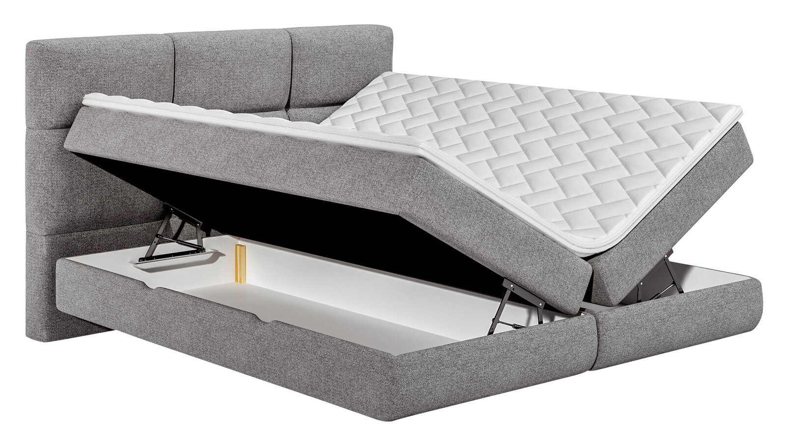 Graues Boxspringbett mit geöffnetem Bettkasten, seitliche Perspektive