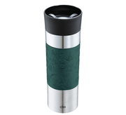 Isoliertrinkbecher 500ml in Grün mit Edelstahl und schwarzem Deckel, seitliche Ansicht