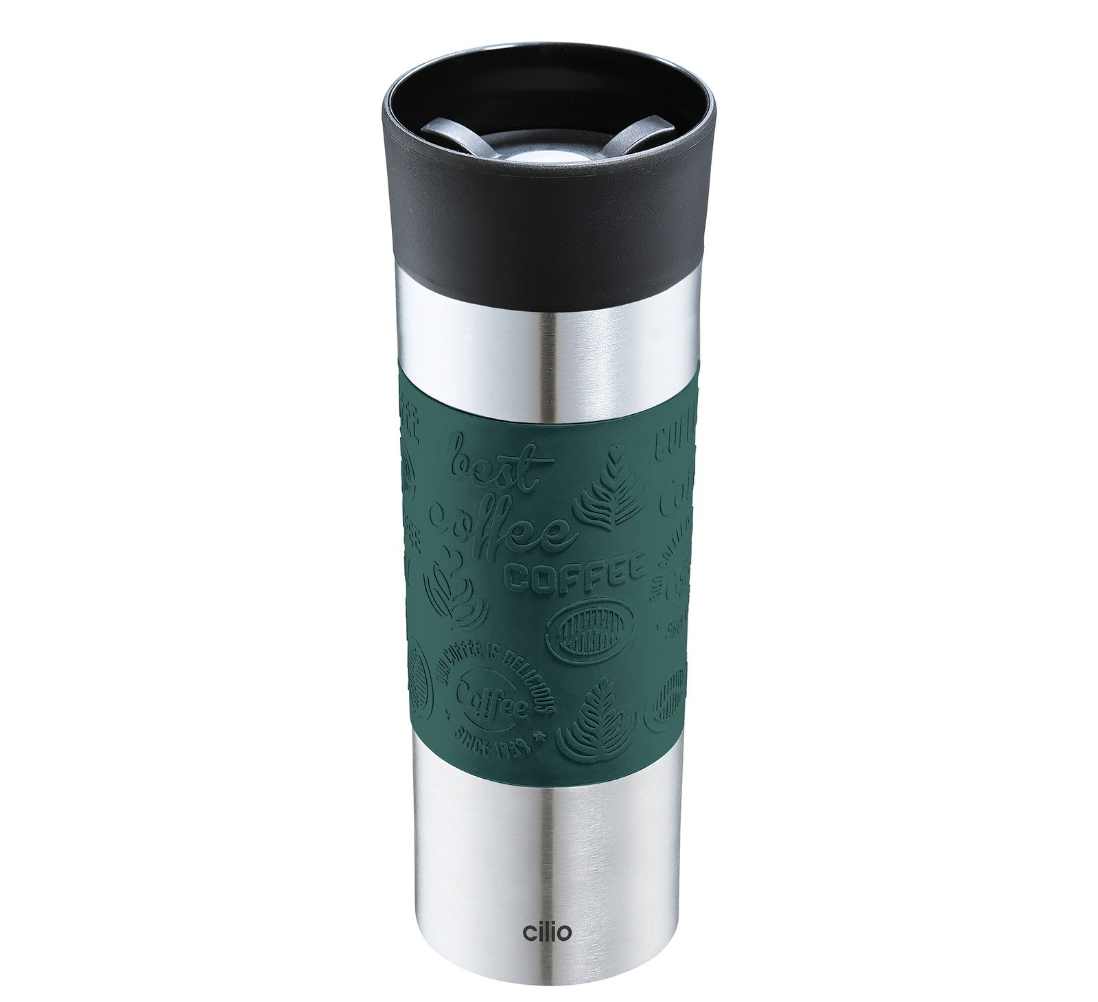 Isoliertrinkbecher 500ml in Grün mit Edelstahl und schwarzem Deckel, seitliche Ansicht