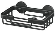Schwarze Seifenschale aus Metall mit Wandhalterung, seitliche Perspektive