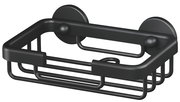 Schwarze Seifenschale aus Metall mit Wandhalterung, seitliche Perspektive