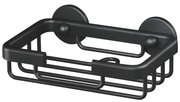 Schwarze Seifenschale aus Metall mit Wandhalterung, seitliche Perspektive