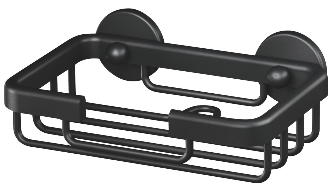 Schwarze Seifenschale aus Metall mit Wandhalterung, seitliche Perspektive