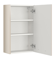 Hängeschrank mit geöffneter Tür, zwei Einlegeböden, seitliche Perspektive