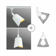 Weißer Dekoschirm Alvaro, seitliche und frontale Ansicht, geeignet für Decken- und Hängeleuchten.