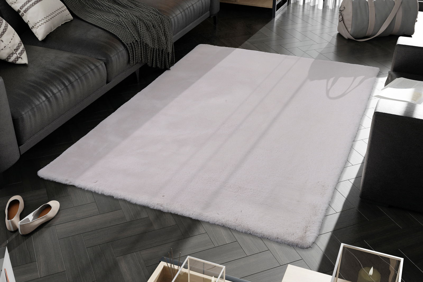 Fellteppich ROCKY SOFT in einem modernen Wohnzimmer, aus der Vogelperspektive fotografiert.