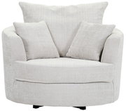 Gemütlicher, cremefarbener Sessel mit zwei passenden Kissen, frontal fotografiert.