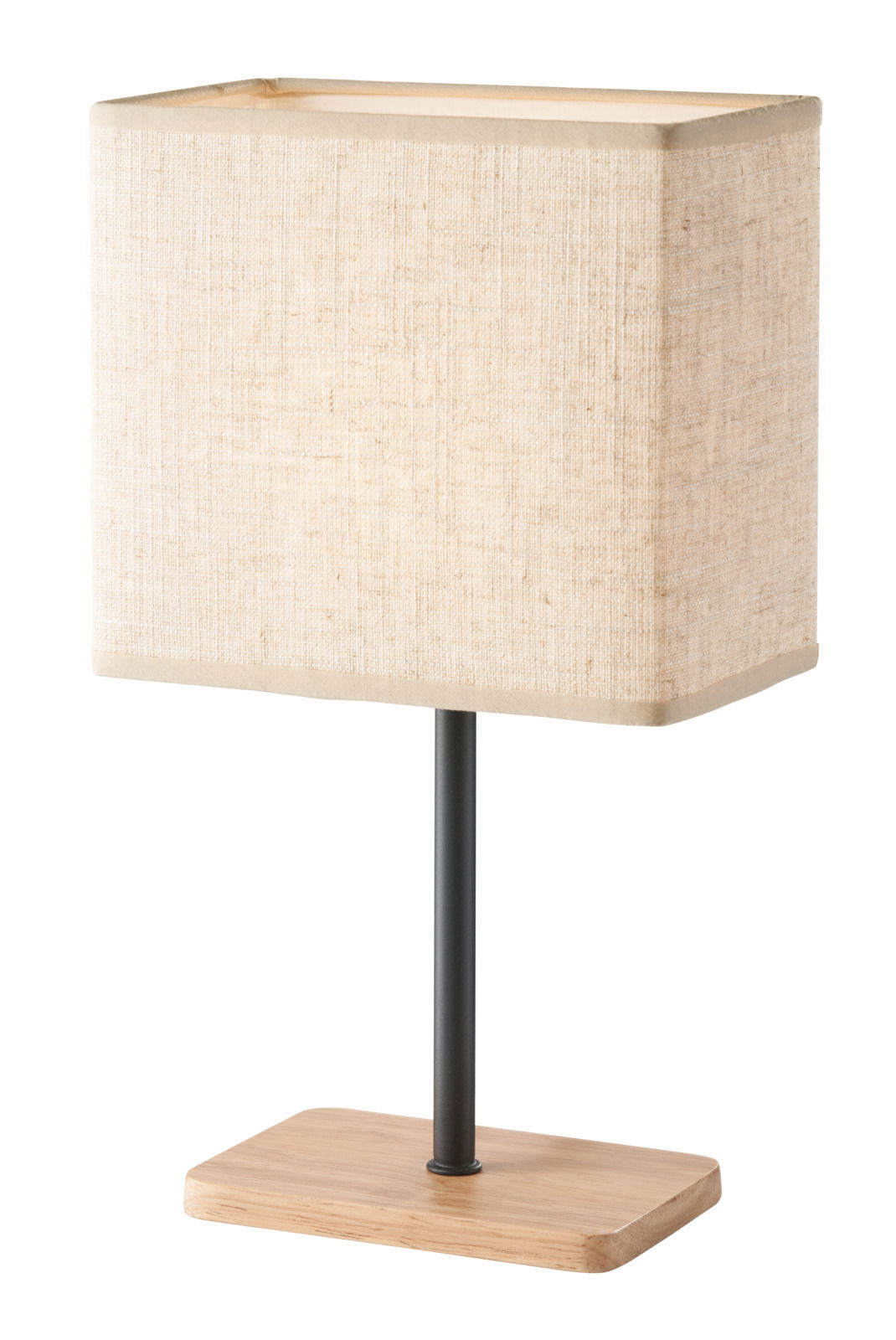 Moderne Tischleuchte mit rechteckigem Stoffschirm in Beige, schwarzem Ständer und Holzfuß, seitliche Perspektive