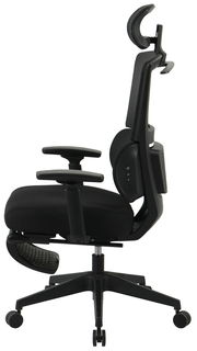 Seitliche Ansicht eines schwarzen Chefsessels mit verstellbarer Kopfstütze und Armlehnen.