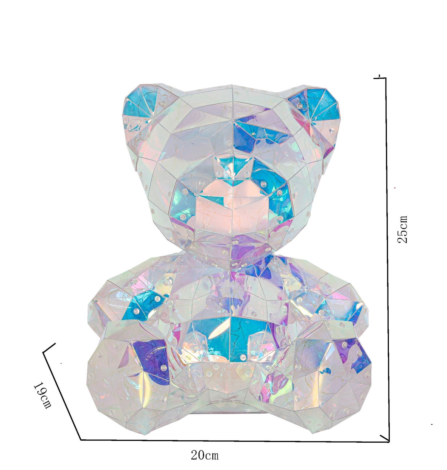 LED-Dekoleuchte in Form eines facettierten Bären, frontale Ansicht, mit schillernden Farben und Maßen von 25 cm Höhe und 20 cm Breite.