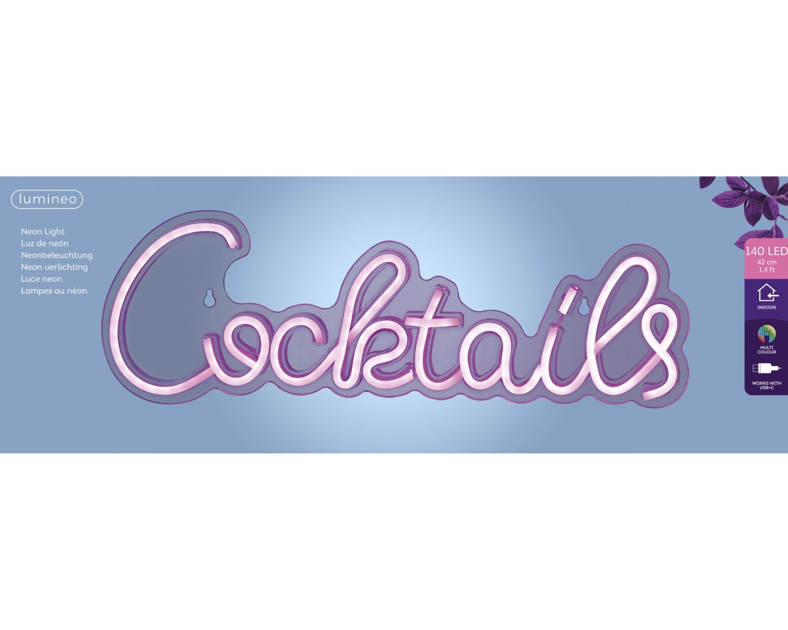 LED-neonverlichting met het opschrift 'Cocktails', in paars en roze, voor binnengebruik, vooraanzicht.