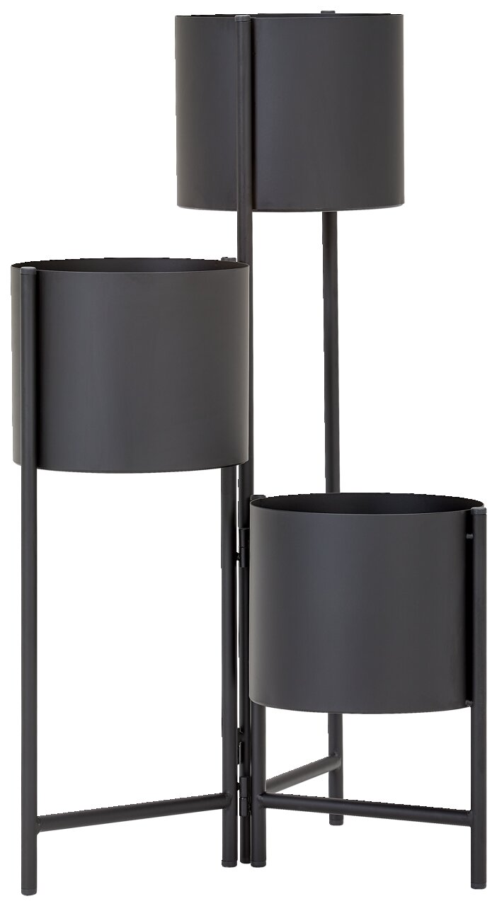 Dreistufige schwarze Blumensäule aus Metall, seitliche Perspektive