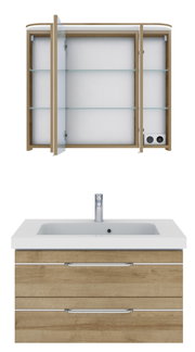 Badezimmermöbel-Set mit Spiegelschrank und Waschbeckenunterschrank in Holzoptik, Frontalansicht