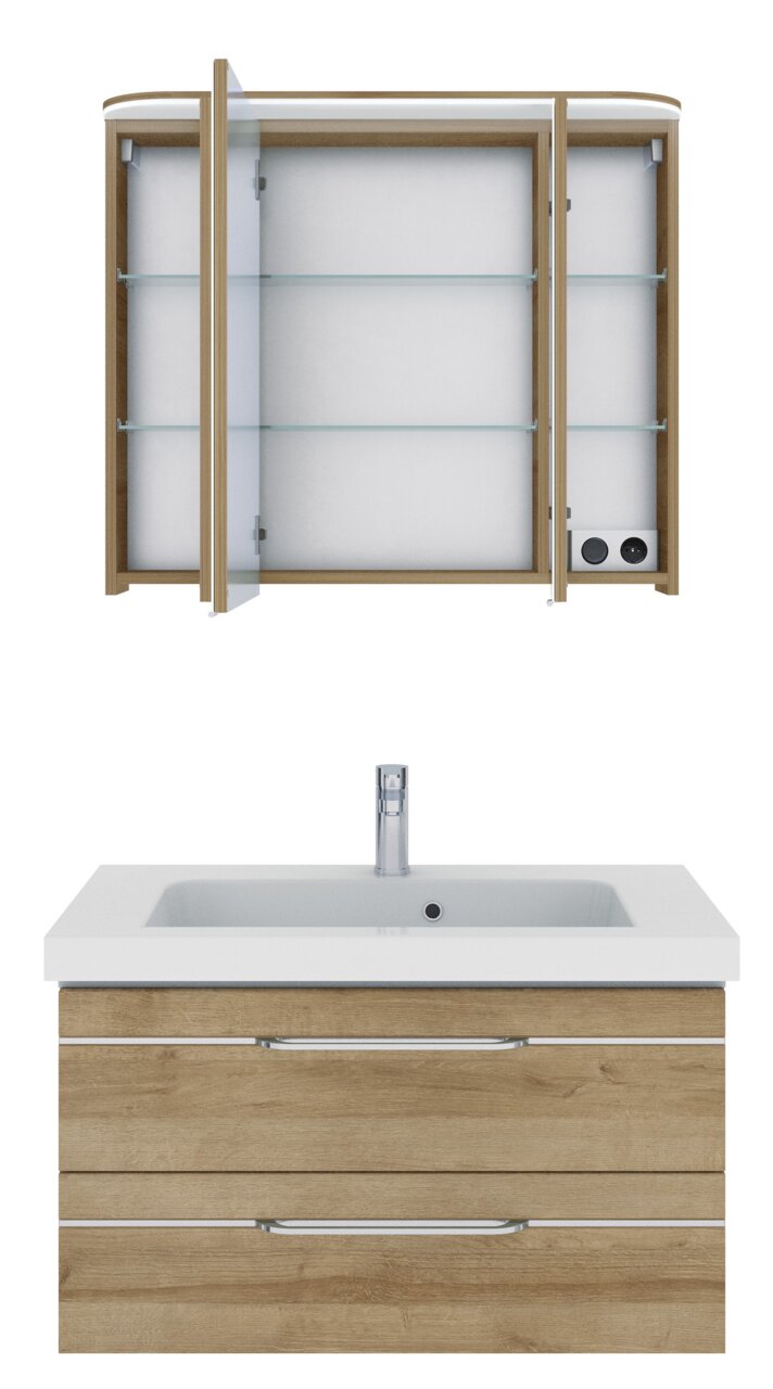 Badezimmermöbel-Set mit Spiegelschrank und Waschbeckenunterschrank in Holzoptik, Frontalansicht
