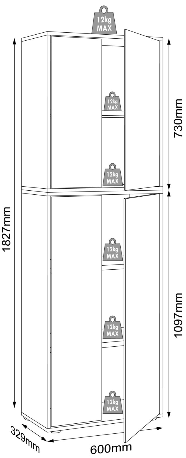 Technische Strichzeichnung eines hohen Bad-Hochschranks mit zwei geöffneten Türen und mehreren Einlegeböden, Maße ca. 1827 mm hoch, 600 mm breit und 329 mm tief, Frontansicht in leichter Perspektive von vorne.