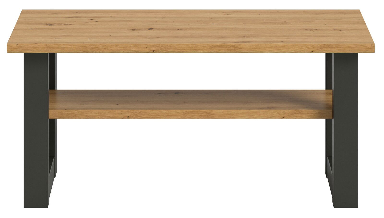 Moderner Couchtisch aus Holz mit schwarzem Metallgestell, Frontalansicht