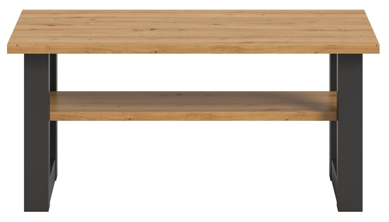 Moderner Couchtisch aus Holz mit schwarzem Metallgestell, Frontalansicht