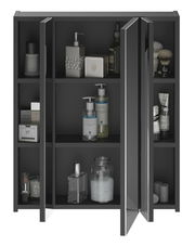 Schwarzer Badezimmerschrank mit drei offenen Türen, gefüllt mit Pflegeprodukten und Accessoires, aus frontaler Perspektive.