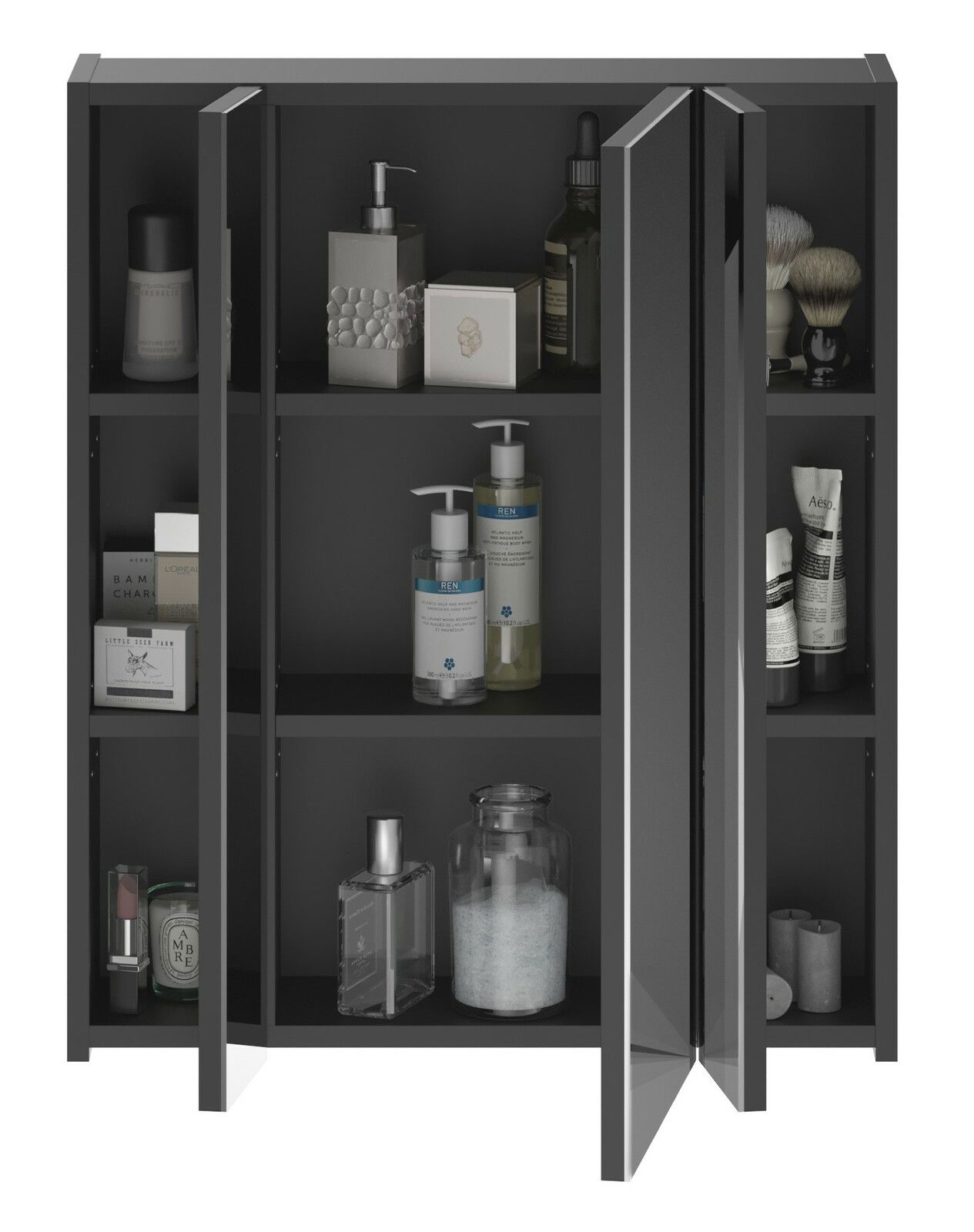 Schwarzer Badezimmerschrank mit drei offenen Türen, gefüllt mit Pflegeprodukten und Accessoires, aus frontaler Perspektive.