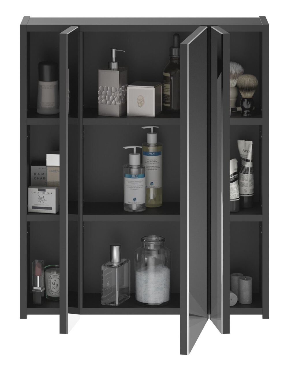 Schwarzer Badezimmerschrank mit drei offenen Türen, gefüllt mit Pflegeprodukten und Accessoires, aus frontaler Perspektive.