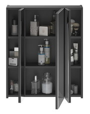 Schwarzer Badezimmerschrank mit drei offenen Türen, gefüllt mit Pflegeprodukten und Accessoires, aus frontaler Perspektive.