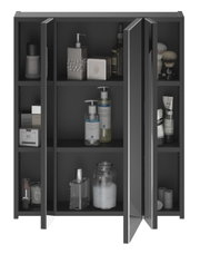 Schwarzer Badezimmerschrank mit drei offenen Türen, gefüllt mit Pflegeprodukten und Accessoires, aus frontaler Perspektive.
