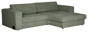 Groene hoekbank van ribstof met brede armleuningen en chaise longue rechts, schuin van voren afgebeeld