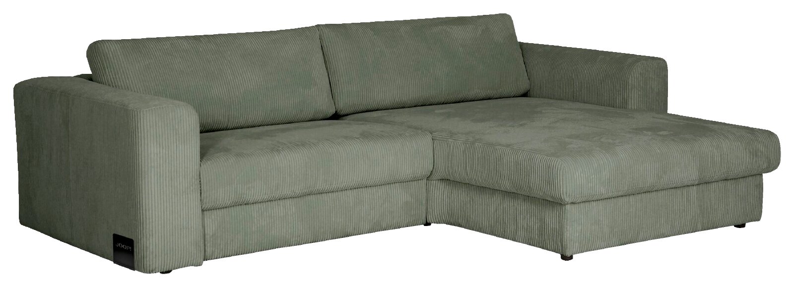 Groene hoekbank van ribstof met brede armleuningen en chaise longue rechts, schuin van voren afgebeeld