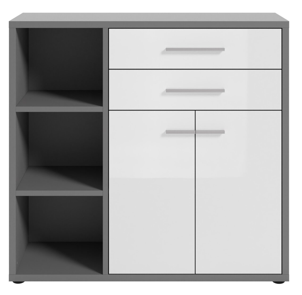 Moderner Aktenschrank mit zwei Schubladen und zwei Türen in Weiß und Grau, frontal abgebildet.