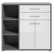 Moderner Aktenschrank mit zwei Schubladen und zwei Türen in Weiß und Grau, frontal abgebildet.