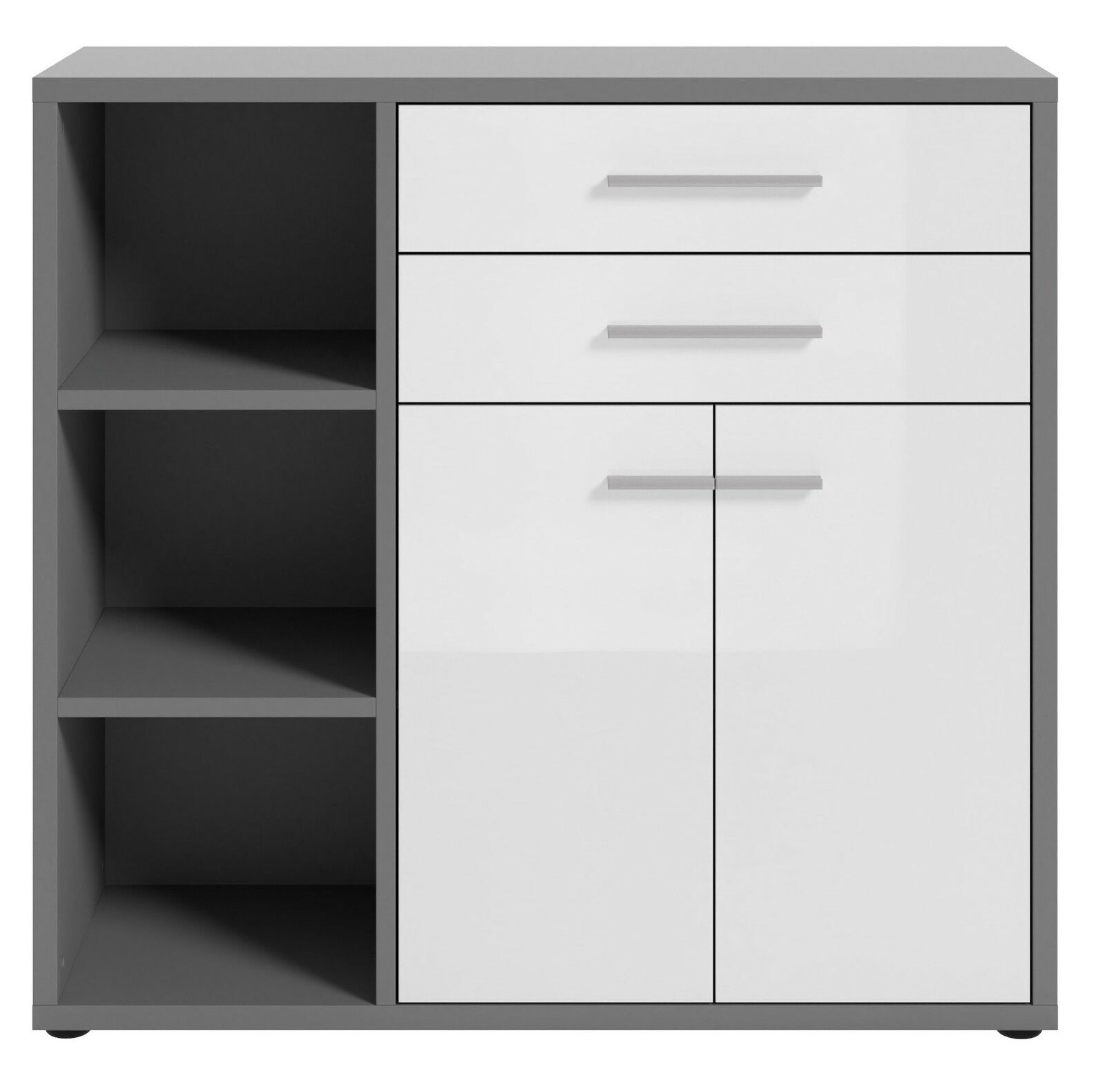 Moderner Aktenschrank mit zwei Schubladen und zwei Türen in Weiß und Grau, frontal abgebildet.