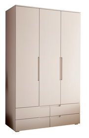 Beiger Kleiderschrank mit zwei hohen Türen und vier unteren Schubladen, mit vertikalen Griffen, freigestellt vor weißem Hintergrund, in leichter Frontansicht mit Blick von links (3/4-Perspektive).
