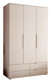 Beiger Kleiderschrank mit zwei hohen Türen und vier unteren Schubladen, mit vertikalen Griffen, freigestellt vor weißem Hintergrund, in leichter Frontansicht mit Blick von links (3/4-Perspektive).