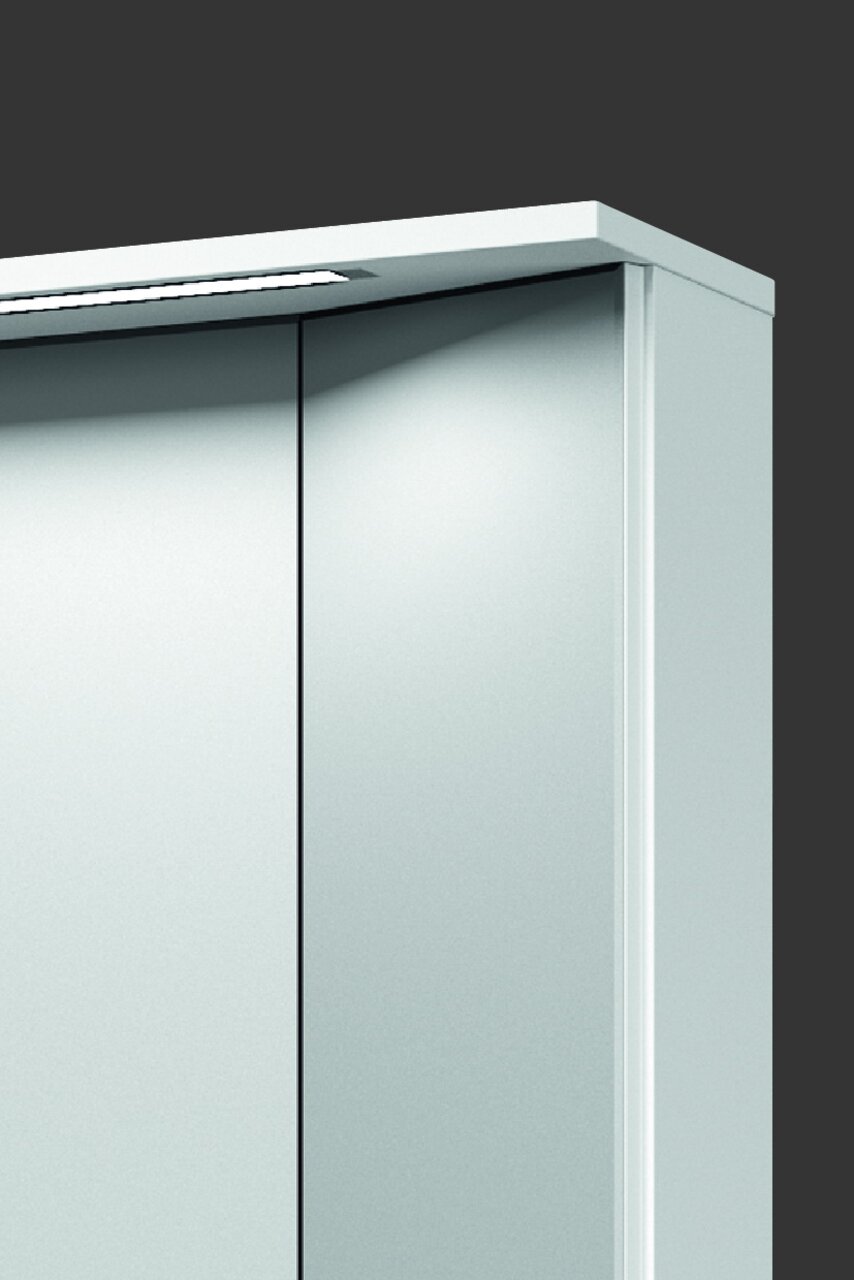 Moderner Badezimmerschrank mit Spiegeltüren, seitliche Perspektive