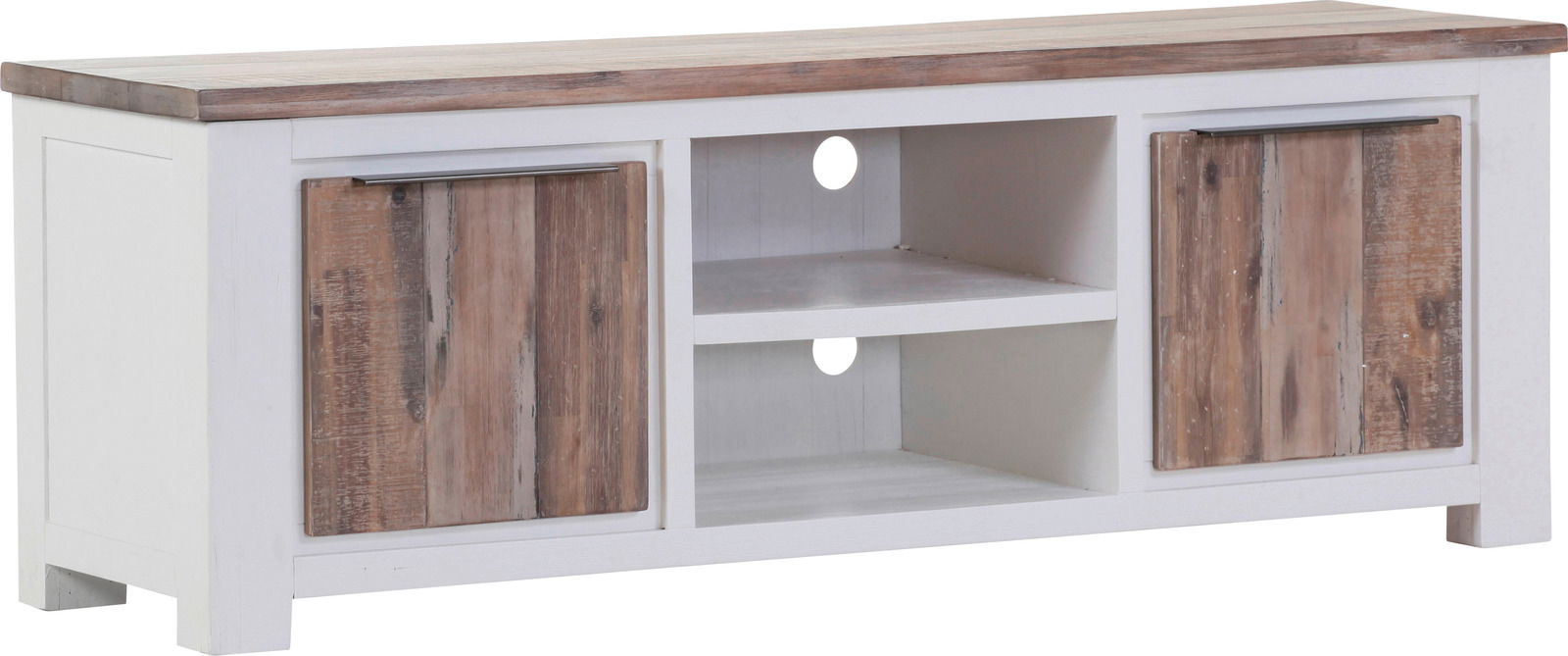 TV-Lowboard aus Holz mit zwei Schranktüren und offenen Fächern, Frontansicht