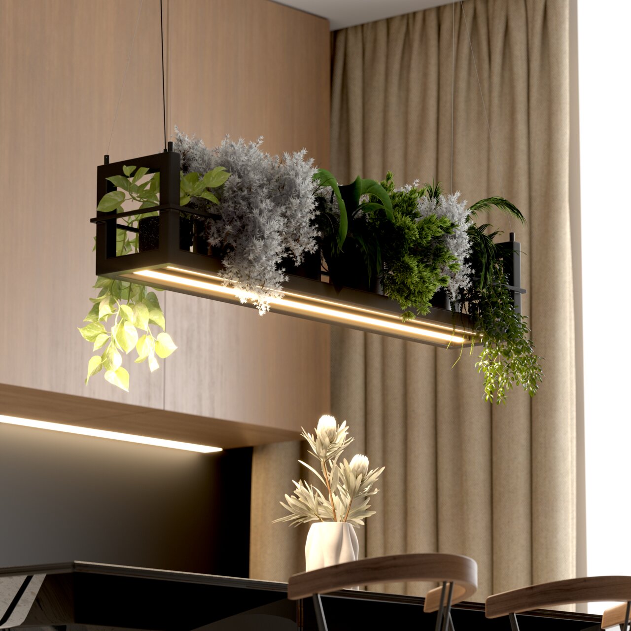 Novel LED-hanglamp HÄNGELEUCHTE Zwarte, rechthoekige hanglamp voor planten met een ingebouwde warmwitte led-lichtstrip en verschillende groene planten in een modern interieur, zijaanzicht licht van onderaf.