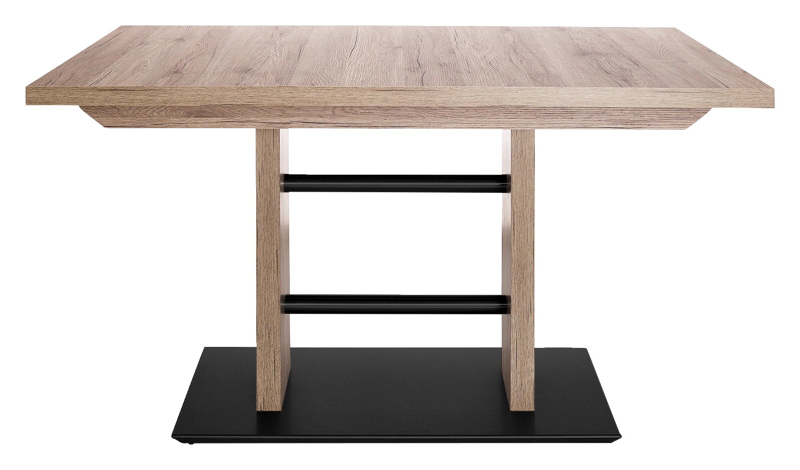 Moderner Esstisch aus Holz mit schwarzem Metallgestell, Frontalansicht
