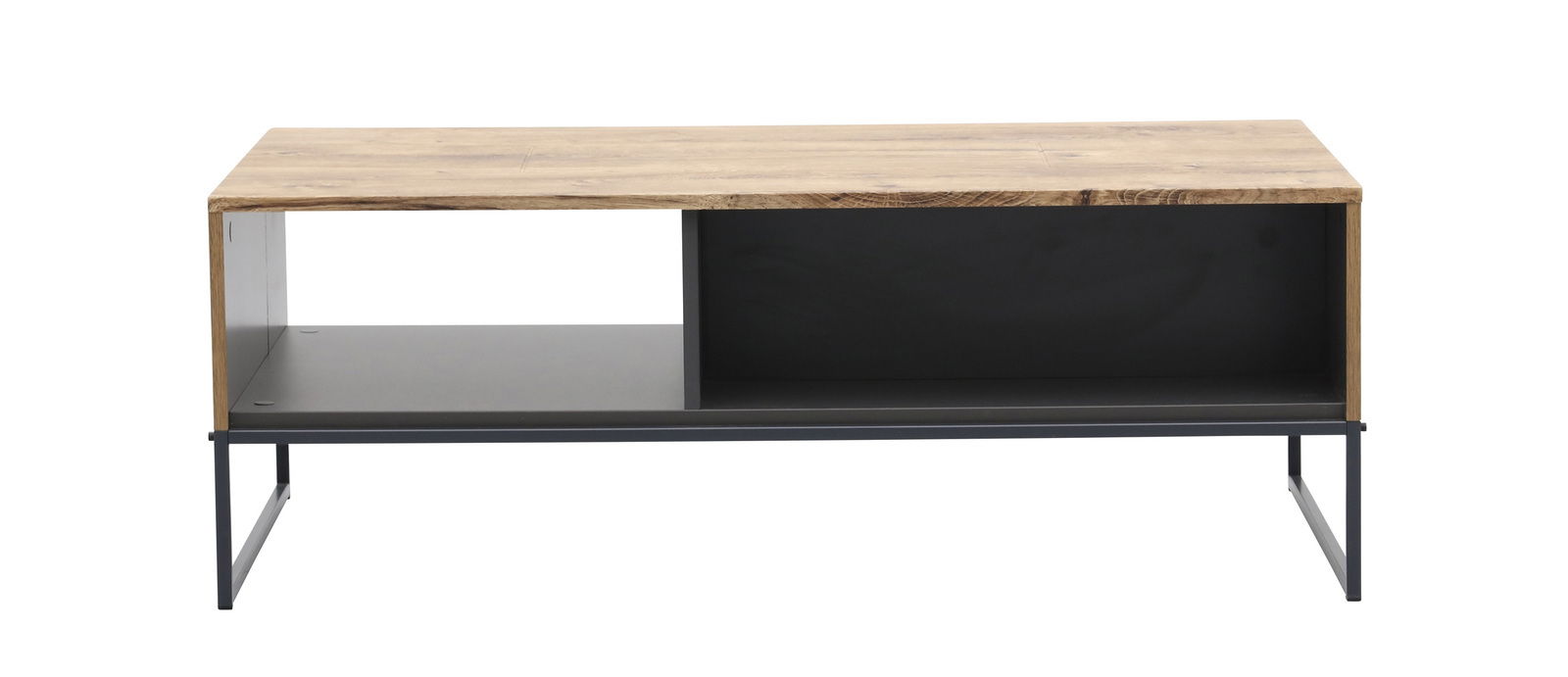 Moderner Couchtisch mit Holzplatte und Metallgestell, frontale Ansicht