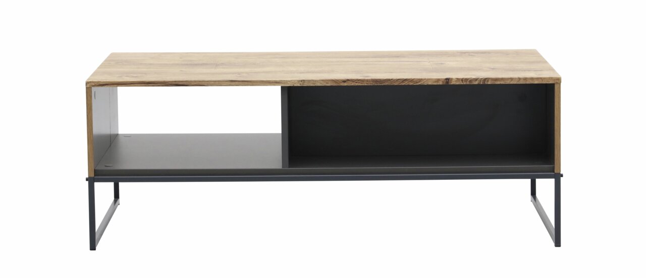 Moderner Couchtisch mit Holzplatte und Metallgestell, frontale Ansicht
