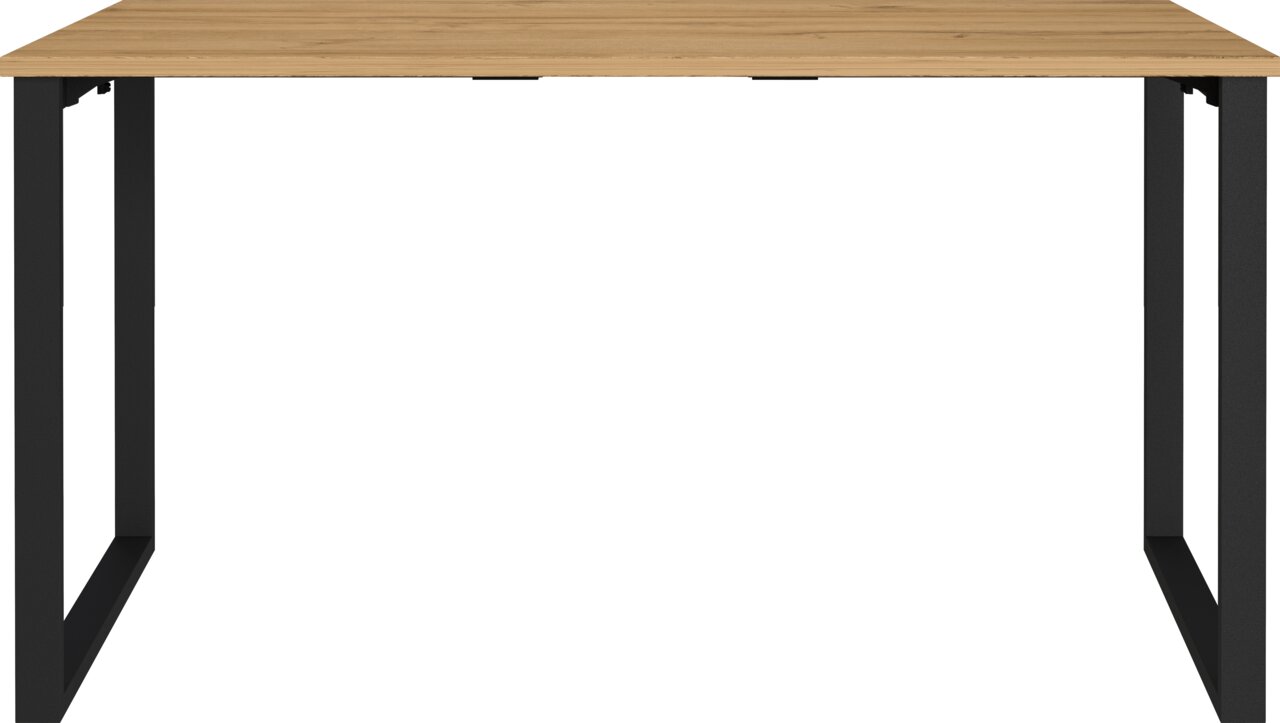 Moderner Tisch mit heller Holzplatte und schwarzem Metallgestell, frontale Ansicht auf weißem Hintergrund