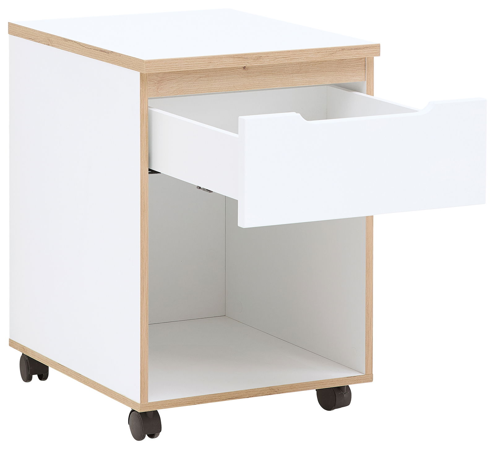 Rollcontainer mit einer offenen Schublade, weiß mit Holzrahmen, auf Rollen, seitliche Perspektive