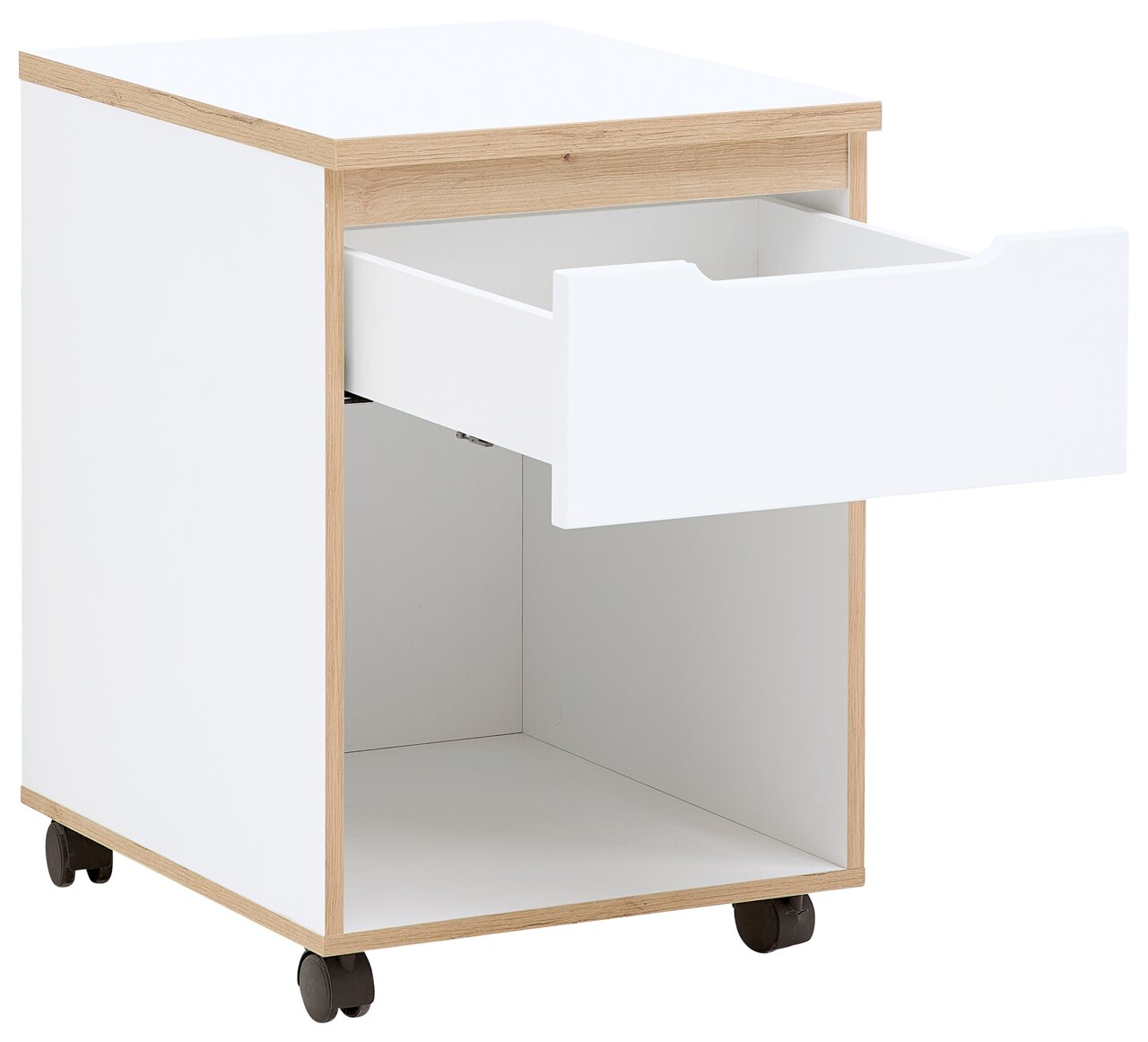 Rollcontainer mit einer offenen Schublade, weiß mit Holzrahmen, auf Rollen, seitliche Perspektive