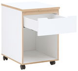 Rollcontainer mit einer offenen Schublade, weiß mit Holzrahmen, auf Rollen, seitliche Perspektive