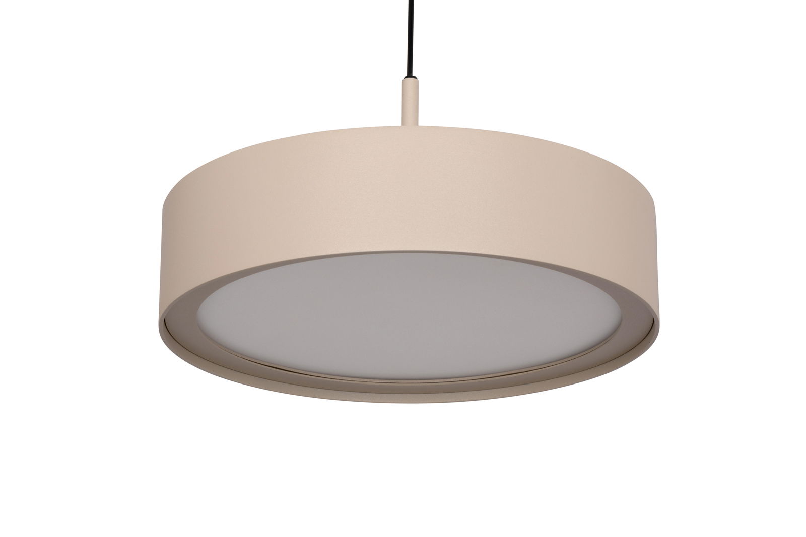 Moderne LED-Hängeleuchte in zylindrischer Form, beige, von unten betrachtet.